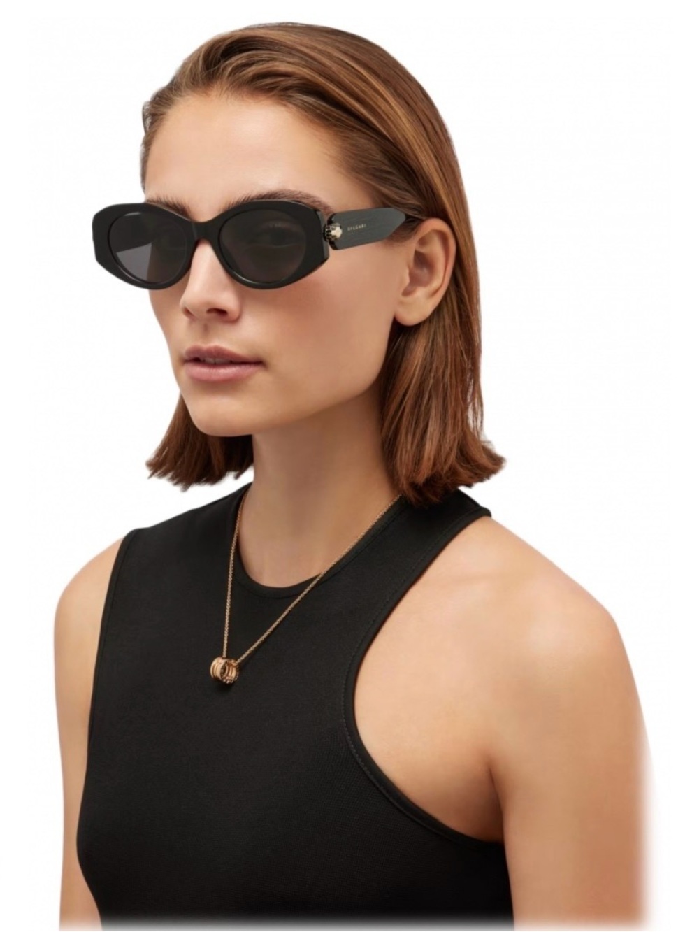 BVLGARI BNIB Black Round Acetate Sunglasses with Gold Detail